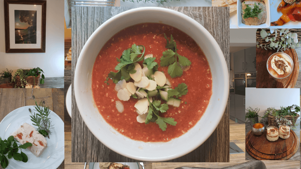 Chipotle Gazpacho with almonds and avocado salsa